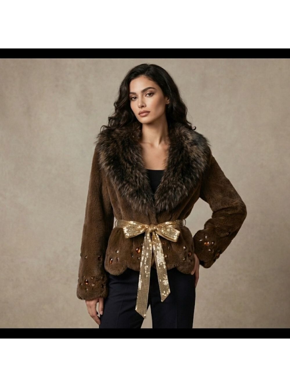 Brown Faux Fur Coat Sequin Bow Belted Jacket